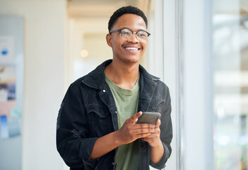 Poster - Phone, smile and businessman thinking for social media, message or online in office for internet laughing at meme. Funny, searching and designer employee browsing website or mobile app on smartphone