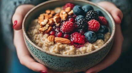 A close-up of a person holding a bowl of oatmeal topped with fresh berries, nuts, and honey