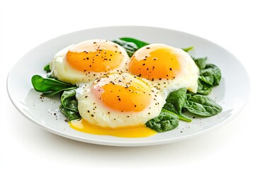 Wall Mural - Delicious Dutch Poached Eggs with Hollandaise Sauce and Spinach isolated on white background