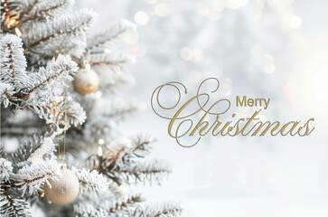 Christmas background with decorated Christmas tree and snow and the words Merry Christmas 