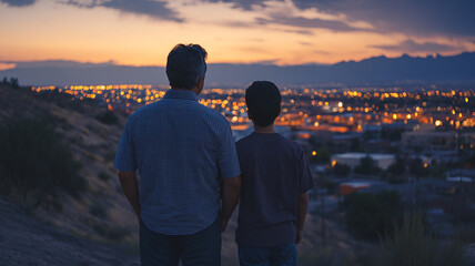 A man and a boy are standing on a hill overlooking a city at sunset