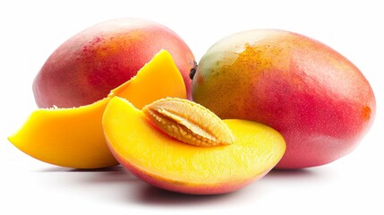 Sticker - Fresh ripe mangoes are displayed in a vibrant and appealing way. Their rich color and juicy flesh invite delicious summer treats. Perfect for healthy recipes and tropical dishes. AI