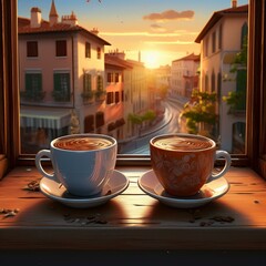 Wall Mural - 2 coffee cups on a window, looking out at the sun setting with a street view in an Italian theme, add 3d quality
