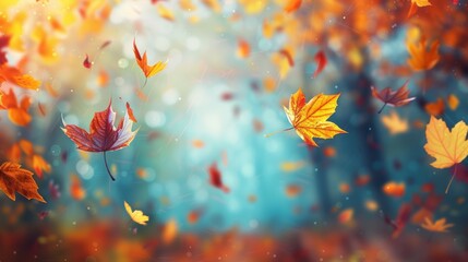 Poster - A beautiful autumn scene with leaves falling from trees