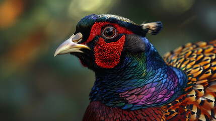 Close-up of a pheasant with vibrant, multicolored plumage and intricate feather patterns against a blurred natural background.