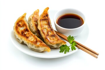 Fried dumplings gyoza with soy sauce, and chopsticks, selective focus isolated on white background