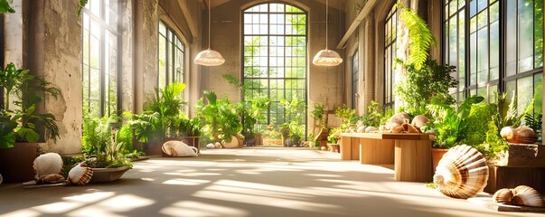 Poster - Sunlit Greenhouse Interior with Tropical Plants and Seashells.