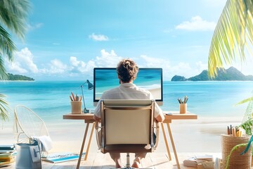 Working from paradise a man working on his laptop on a tropical beach.