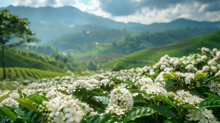 Wall Mural - A field of white flowers with a mountain in the background