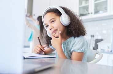 Poster - Thinking, girl and e learning with laptop at house for education exam, assessment solution and studying. Child, thoughtful and online class for reading development, information and answer choice