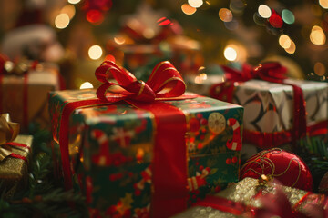 close up horizontal detailed image of a christmas present wrapped in a colorful paper, red and gold ribbons and bows