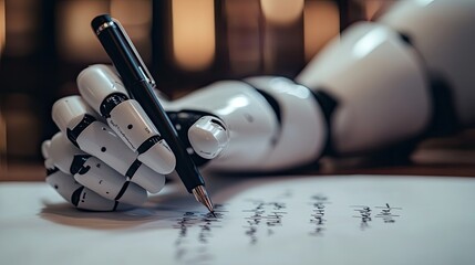 Poster - AI-powered ChatGPT bot writing responses with a pen on paper, symbolizing the fusion of technology and human-like communication
