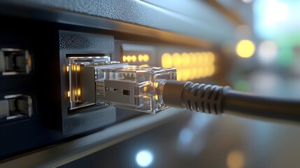 Poster - Close up view of LAN cable with RJ45 connector plugged into a router for wired network connection