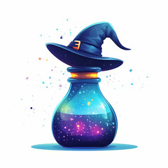 Wall Mural - Flat Holographic Witch Hat and Potion Bottle with Enchant Text concept as A sleek holographic witch hat and potion bottle with the word Enchant in a mystical glowing font. The design is isolated on a 