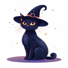 Wall Mural - Flat Holographic Witch Hat and Black Cat with Bewitched Text concept as A sleek holographic witch hat and black cat with the word Bewitched in an elegant spooky font. The design is isolated on a white