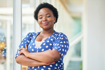 Poster - Business, black woman and portrait with arms crossed in office for startup confidence, career pride and creative agency. Professional, entrepreneur and face of employee with smile at workplace or job