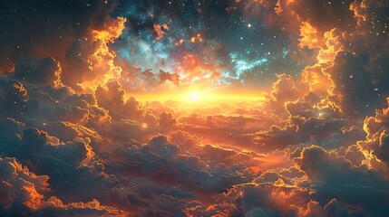 Sticker - A breathtaking view of a sunrise through a sky filled with vibrant clouds, illuminating the surrounding celestial bodies with golden light.