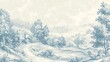 © dongwei - A classic French toile de Jouy wallpaper featuring pastoral scenes in a single color, such as blue or red, set against a light background. The scenes depict rural life, with detailed illustrations of