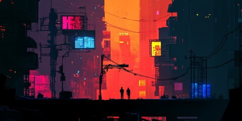 Two figures stand silhouetted in a neon cityscape.