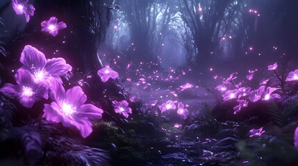 Mystical forest dreamlike atmosphere glowing flowers ethereal creatures enchanted