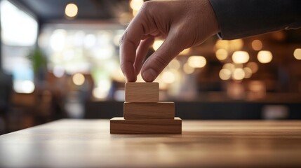 Wall Mural - A hand places a wooden block on top of a stack of three blocks on a wooden table.