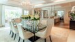© Hybrid Theory - A modern dining room with a sleek glass table, elegant chairs, and a minimalist chandelier. The room is decorated with a few simple vases and a centerpiece of fresh flowers. The walls are painted in
