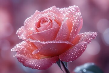 Wall Mural - ethereal pink rose in full bloom petals unfurling against a softfocus backdrop delicate dew drops catch the light creating a dreamy romantic atmosphere