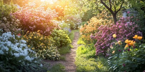 Wall Mural - A dirt path lined with blooming flowers and greenery.