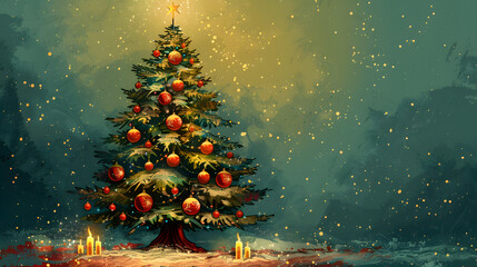 Wall Mural - vector illustration, a christmas tree decorated with baubles, painting style, ample space for text, Christmas