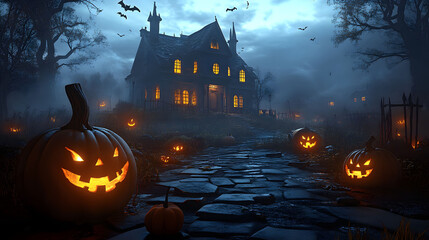 A spooky Halloween night filled with glowing pumpkins and a haunted house illuminated under the moonlight