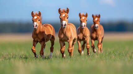 Four adorable foals running freely across a lush green field under a bright blue sky, showcasing their playful nature.