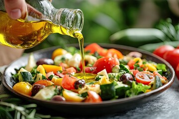 Wall Mural - Olive oil is poured over a salad. A perfect photo to showcase the benefits of olive oil and its use in a healthy meal.