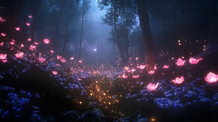 Mystical enchanted forest glowing flowers ethereal creatures dreamlike atmosphere