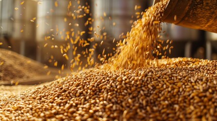 Poster - A large pile of grain is being poured out of a container