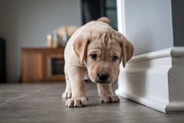 Curious Labrador puppy exploring new home, tiny paws taking in sights