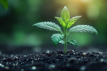 Young Cannabis Plant Growing in Soil with Green Background