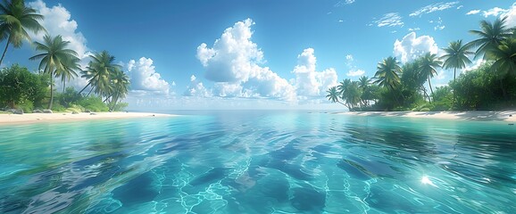 Tranquil blue water and palm trees on a tropical beach with white sand and a bright sky.