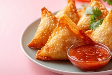 Wall Mural - Crispy Fried Samosas with Spicy Red Sauce and Cilantro Garnish