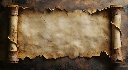 Wall Mural - A realistic old blank antique paper scroll with visible frayed edges with enough copy space for text. The scroll has no text, set against an old background of stone or wood, of history best feeling.