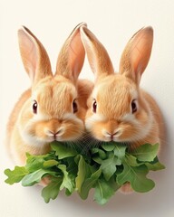 Two adorable rabbits holding fresh greens, showcasing their fluffy fur and playful nature in a delightful close-up.