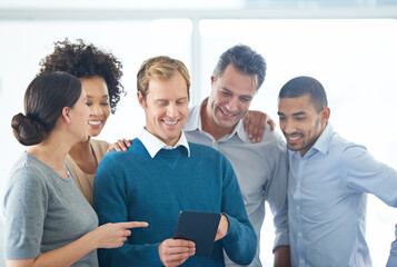 Poster - Group, happy business people and discussion with tablet for research or planning at creative startup. Tech, team and collaboration with project manager for problem solving, training or brainstorming