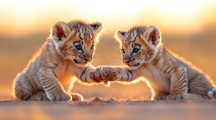 Two playful lion cubs engage in a tender moment, showcasing their innocence and curiosity in a warm sunset glow.