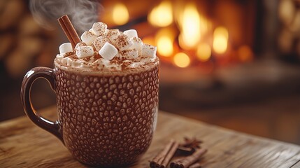 Steaming cup of hot chocolate with marshmallows and cinnamon on a wooden table near a cozy fireplace. Winter warmth and holiday season concept. Image for poster, banner with copy space.