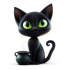 Cute black cat with cauldron on white background
