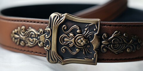 Wall Mural - Ornate brass buckle on brown leather belt.