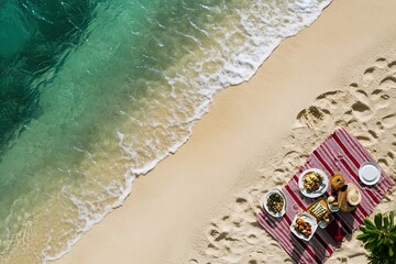 Top-view beach picnic with clear turquoise water