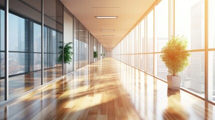 Sticker - Long modern corridor with gleaming floors and floor-to-ceiling windows, creating a spacious and light-filled environment