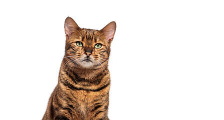 Wall Mural - Serious Toyger cat sitting and looking at camera on white background