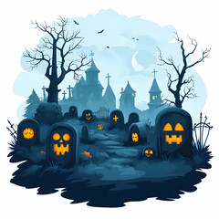 Wall Mural - Flat Glossy Graveyard Background with Tombstones concept as A glossy eerie background featuring a fog covered graveyard with ancient tombstones and glowing jack o lanterns. Perfect for Halloween theme