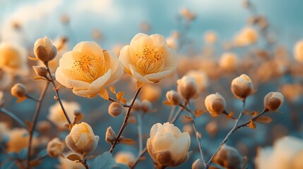 Canvas Print - Close-up of delicate yellow flowers blooming in a field, with soft blue sky background.